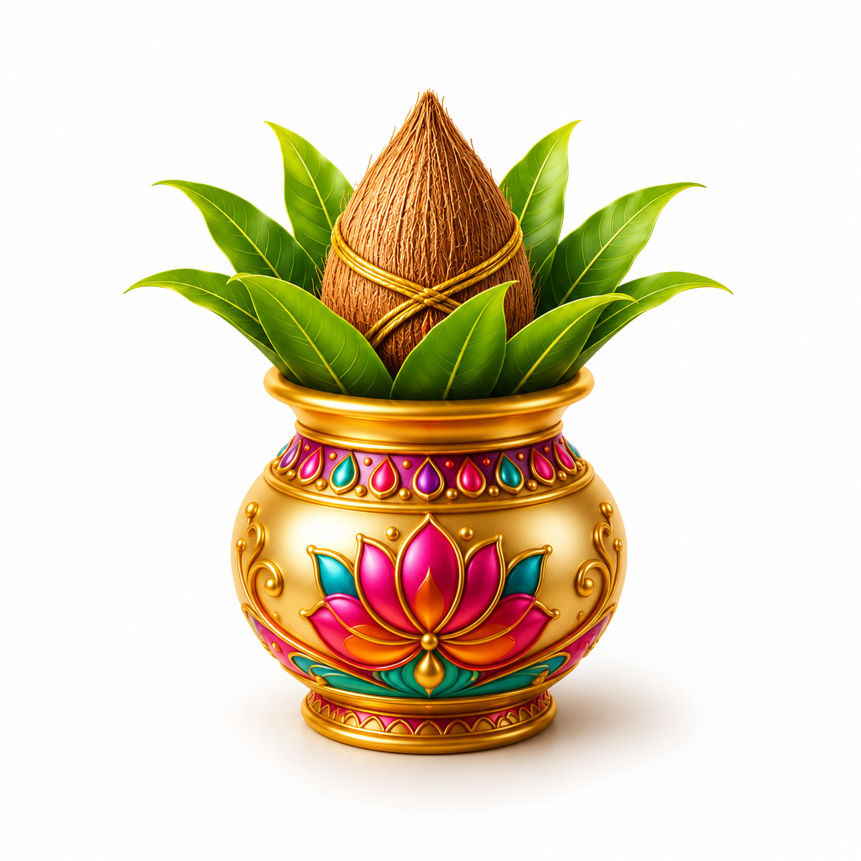 Decorated Kalash with coconut and mango leaves icon